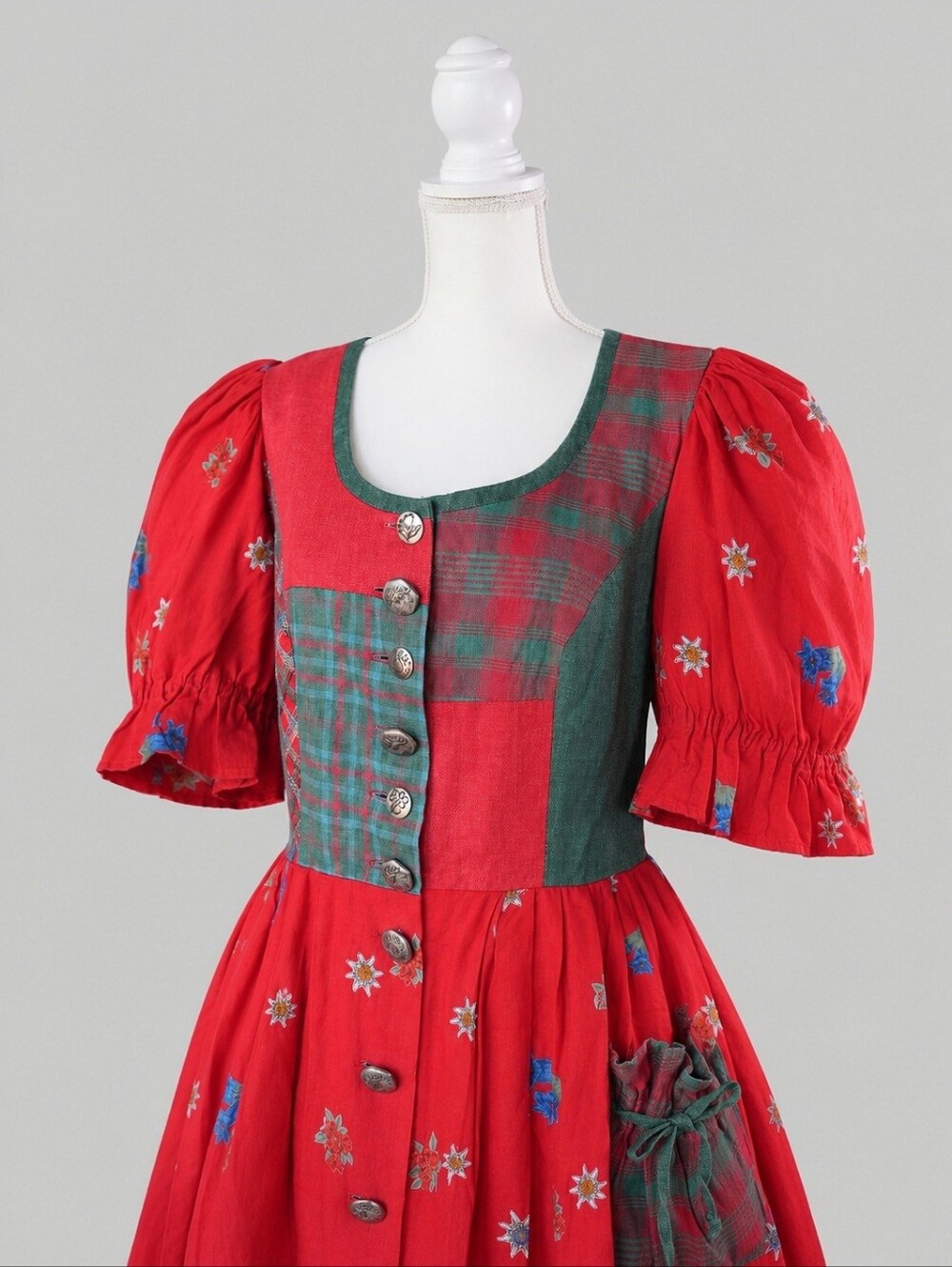 Vintage Sportalm Red and Green Patchwork Maxi Dirndl Dress